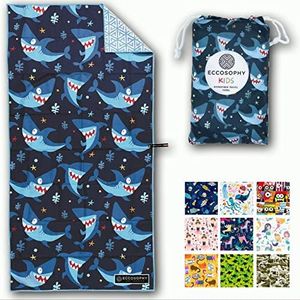 ECCOSOPHY Microfiber Kids Beach Towels & Pouch 60"x30" for Girls & Boys - Quick Dry Pool Towels - Sand Free Beach Blanket for Travel - Camping - Vacation - Toallas Playas (Sharks)