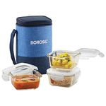 Borosil Prime Lunchbox with Bag | 3 pc Square Container Set (320 ml Each) | Borosilicate Glass | Microwave & Dishwasher Safe, Leakproof | Tiffin for Office/School/College | Blue, Transparent