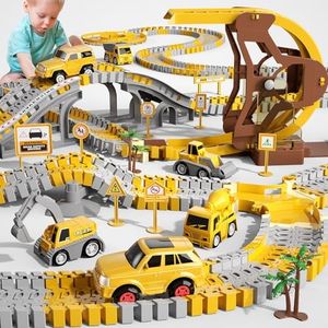 iHaHa 299 PCS Construction Race Tracks Boys Toys, 6 PCS Engineering Cars and Flexible Race Track Playset Create A Engineering Road Gifts Toys for 3 4 5 6 Year Old Boys Kids