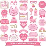 Fully Assembled Baby Shower Photo Booth Props - Set of 30 - Girl Baby Shower Selfie Signs - Pink Baby Girl Baby Shower Party Supplies & Decorations - with Real Gold Glitter - Did we mention no DIY?