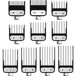 Professional set of 12 semi-metal black clipper guards, compatible with most Wahl clippers and ranging from 1/16" to 1", along with left and right ear combs included