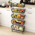 Wisdom Star 5 Tier Fruit Vegetable Basket for Kitchen, Fruit Vegetable Storage Cart, Vegetable Basket Bins for Onions and Potatoes, Wire Storage Basket Organizer Utility Cart with Wheels, Large, Black