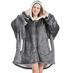 Wearable Blanket Hoodie With Zip for Women Men,Warm Sherpa Comfy Oversized Hoodie Blanket Sweatshirt Mothers Day Gifts, Dark Grey, One Size