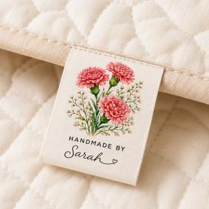 Custom Quilt Labels with Name Text,Personalized Birth Flower Sewing Labels for Handmade Items,Cotton Clothing Tags Sew On for Quilting Crochet Knitting DIY Craft Lovers (200)