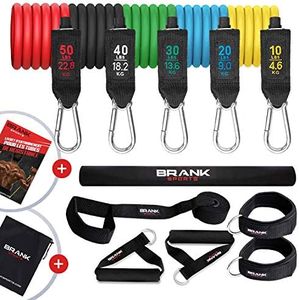 BRANK SPORTS® Kit Complet d'élastiques Musculation avec poignées | Résistance Ajustable équivalent Poids de 5 à 68kg | Pack Bandes Elastiques Musculation de 13 Accessoires | Marque française