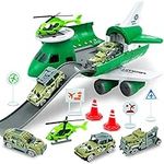 Plane Toy Transport Cargo Airplane Toys for 2 3 4 5 6 Year Old Boys Girls,Kids Aircraft Playsets with 1 Helicopter & 3 Military Cars & 6 Road Signs