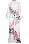 BABEYOND Women's Kimono Robe Long Satin Robes with Peacock and Blossoms Printed Kimono Nightgown, White, One Size