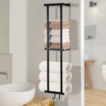 Towel Racks for Bathroom, 2-Layer Design Towel Storage Wall Mounted, Wall Towel Rack for Rolled Towels, Towel Storage for Bathroom Organizer, Adjustable Towel Holder with Metal Shelf, with 4 Hooks