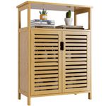 HITNET Bathroom Storage Cabinet, Bamboo Side Storage Organizer with Double Shutter Doors and Shelves, Freestanding Floor Cabinet for Living Room, Kitchen, Entryway, Natural