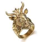 SAINTHERO Men's Vintage Gothic Stainless Steel Satan Worship Baphomet Ram Aries Zodiac Sheep Goat Head Horn Biker Ring Size 7-13