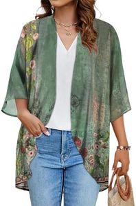 Women's Floral Print Puff Sleeve Kimono Cardigan Loose Cover Up Casual Blouse Tops(Army Green Floral,3XL)