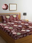 DECOMIZER Cotton Feel Glace Cotton Elastic Fitted Printed Queen Size Double Bed Bedsheet with 2 Pillow Cover Fits Upto 8 inches Mattress,Size- 60x78x10 Inches,Circle Flower Brown