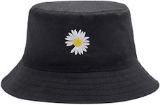 Missby® Unisex Flower Embroidery Reversible Bucket Hat Fishing Summer Travel Beach Sun Hat (Black)