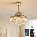 NOXARTE 36 Inch Modern Gold Fandelier Ceiling Fans with Lights and Remote Control, Chandelier Retractable Fan Light Retractable LED Dimmable Light Fixture for Bedroom Dining Room Living Room