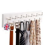 Treehouse Belt Organizer Rack, Holds Over 28 Large Belts, Sturdy Metal & Solid Wood Storage Holder for Closet, Versatile, Wall Mounted Belt & Tie Display Hanger for Bedroom - (White) 16''L x4.25''H