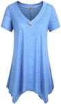Miusey Tunic Tops To Wear With Leggings, Women's v Neck Tunic Top Short Sleeves Flowy A-Line Hem Asymmetrical Shirt Lightweight Cool Thin Fitting Swing Going Out Wear Blue L