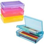 Meiikun 4 Pack Plastic Pencil Box 2 Compartments, Large Capacity Pencil Case, Multicolor Crayon Box, Aesthetic Stationery Storage Organizer for School Kids Boys Girls (Blue,Pink,Yellow,Purple)