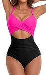 Vozobi Women's One Piece Swimsuits Tummy Control Cutout High Waisted Bathing Suit Wrap Tie Back 1 Piece Swimsuit Rose Black