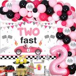 Two Fast Birthday Decorations Girl, Vintage Race Car 2nd Birthday Party Decorations - Balloon Garland Kit with Two Fast Backdrop, Checkered Tire Foil Balloons, Pink Retro Racing Car Party Decor