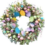 Egolot 20 Inch Spring Easter Eggs Wreath with Lamb Ears Leaves for Front Door, Glitter Eggs Green Leaves Door Wreath with Berries for Indoor and Outdoor, Easter Egg Wreath for Home Decor