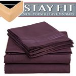 Clara Clark 1800 Series Bed Sheet Sets - Stay fit on Mattress with Elastic Straps at Corners - King, Purple Eggplant