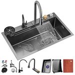 Kitchen Sink 304 Stainless Steel Nano Raindance Waterfall Sink Home Sink Vegetable Basin Single Sink Workstation Kitchen Sink with Pull-Out Faucet, Pressurized Cup Washer