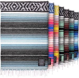Authentic Large Handwoven Mexican Blanket - Soft Yoga- Durable Serape- Lightweight Falsa, Beach, Camping, Picnic, Outdoor Blanket 70"x50" - Aqua Sky
