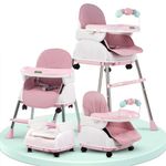 Baybee 4 in 1 Nora Convertible High Chair for Kids with Adjustable Height and Footrest, Baby Toddler Feeding Booster Seat with Tray, Wheels, Safety Belt, Boys & Girls 6 Months to 3 Years (Pink)