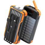 SOXONO Solar Charger Power Bank, PD 20W Fast Charging External Batter, 40000mAh Portable Phone Charger Built in 4 Cables with Dual Bright Flashlights for Camping, Hiking, and Outdoor Use