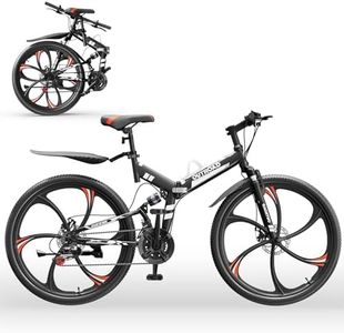 Outroad 26 Inch Folding Mountain Bike, 21 Speed Dual Disc Brake Non-Slip Folding Bikes, Full Suspension High-Carbon Steel MTB Foldable Bicycle for Adults/Men/Women, Black