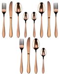 ZEBROC 12 Piece Titanium Rose Gold Plated Stainless Steel Cutlery Set,Mirror Finish Copper Color Flatware Set, [Dinner Fork-Tea Spoon-Salad Spoon-Knife] (Set of 12)