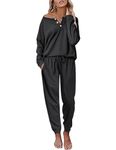 Andeip Women's Pajama Set Waffle Knit Lounge Set Long Sleeve Top and Pants Loungewear with Pockets Black S