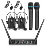 Debra Audio Pro UHF 4 Channel Wireless Microphone System With Cordless Handheld Lavalier Headset Mics, Metal Receiver, Ideal For Karaoke Church Party (With 2 Handheld & 2 Bodypack (A))