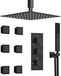 GRANDJOY Thermostatic Shower System in Wall, 12" Ceiling Mount Rainfall Shower Faucet Set with Handheld Sprayer & 6 Body Jets, Matte Black