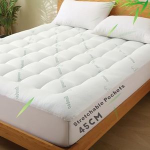 Bamboo King Mattress Topper 1000GSM - Thick Cooling Breathable Pillow Top Mattress Pad for Back Pain Relief - Soft Fully Fitted Mattress Topper Cover with Deep Pocket Up to 45CM (King Size)