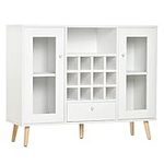 HOMCOM Modern Sideboard Storage Cabinet, Kitchen Cupboard Bar Server with Glass Doors, Drawer & 12-Bottle Wine Rack, White