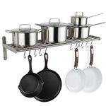 Wallniture Lyon Kitchen Organization and Storage Rack, Stainless Steel Metal Wall Shelf with 10 S Hooks for Hanging Pots and Pans, Chrome