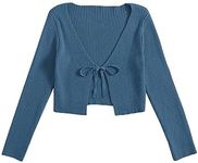 Floerns Women's Tie Front Long Sleeve Rib Knit Shrug Sweaters Cardigan Crop Top Dusty Blue XS