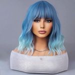 WTHCOS Blue Ombre Short Bob Wig Blue to Light Blue Wig Short Curly Wavy Wig With Bangs for Women Ombre Blue Wig Heat Resistant Synthetic Hair Wigs for Daily Use Cosplay Wig With Wig Cap