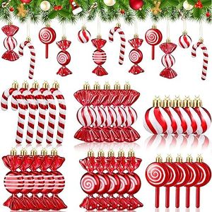 Liliful Christmas Candy Ornament Set 30 Pcs Plastic Peppermint Candy Cane Christmas Decorations Christmas Candy Lollipop Ornament Xmas Hanging Lollipop Pattern Decorations with Rope (Red White)