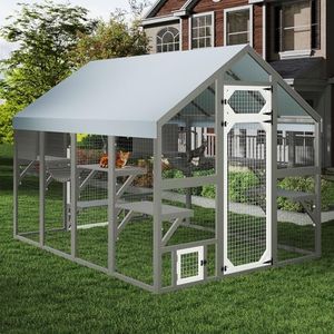 Cat Catio Outdoor Enclosure for Multiple Cats, Large Wooden Walk-in Cat House with Window Connection, 2 Condos, Platforms, Doors, and Weatherproof Roof Cover (69.7" L x 94.5" W x 70.9" H)