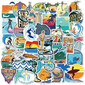 Summer Surfing Stickers for Water Bottles Laptop Refrigerator Luggage Computer Phone, 50 Pcs Waterproof Cool Beach Outdoor Decals DIY Decorations for Teens Kids