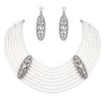 Ever Faith Austrian Crystal Simulated Pearl Wedding Vintage Style Layers Chunky Necklace Earrings Set Clear Silver-Tone