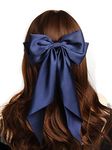 WHISKET - Hair Bow Clip, Big Satin Layered Hair Accessories for Women Girls, 8 Inch Barrette Hair Clip, Long Black Ribbon Bows, French Style (BLUE)