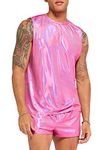 WDIRARA Men's 2 Piece Outfit Metallic Round Neck Sleeveless Tank Top and Drawstring Pocket Shorts, Pink, Small