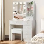 Vanity Dressing Table Set with Mirror and Cushioned Stool, Hollywood Makeup Table with Adjustable Brightness, Bedroom Dresser Make Up Desk Stool For Bedroom Furniture
