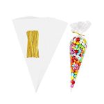 Cone Bags, 100 Pcs 5.1 x 9.8 Inch Sweets Cone Bags with Golden Ties for Party, Clear Cellophane Bags for Packaging Chocolate Candies Biscuit