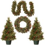 National Tree Holiday Decorating Assortment with 2 3 Foot Entrance Trees, 1 9 Foot by 8 inch Garland and 1 24 inch Wreath All with Warm White Battery Operated Led Lights (ED7-PRO-ASST)