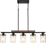 Feohak 5-Light Dining Room Light Fixture,Farmhouse Black Metal and Wood Kitchen Island Light with Glass Shade