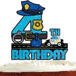 Police Cake Topper for Boys Girls 4th Happy Birthday Police Car Lights Sign Theme Party Decorations Supplies Glitter Blue Sheriff Police 4 Years Old Cake Decorations